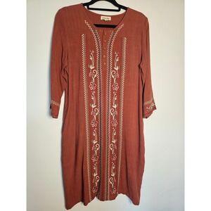 Hidden Alley Embroidered Linen Blend Dress Womens Medium Rust Floral Pockets